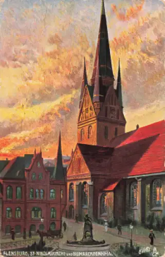 Flensburg St. Nikolaikirche und Bismarckdenkmal Künstlerkarte Tucks Oilette o 1910