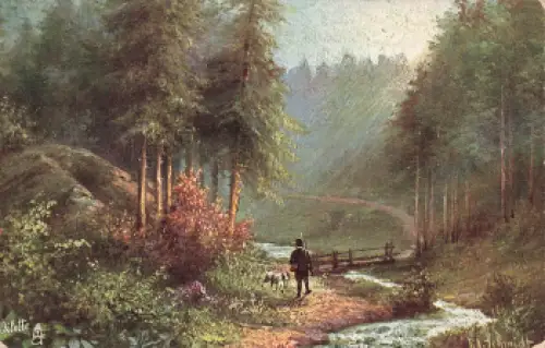 Jäger im Schwarzwald Künstlerkarte F. X. Schmidt Tucks Oilette o 1909
