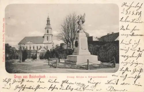 Reichenbach Eulengebirge Evangelische Kirche mit Kriegerdenkmal Schlesien Dzierżoniów Litho o 1900