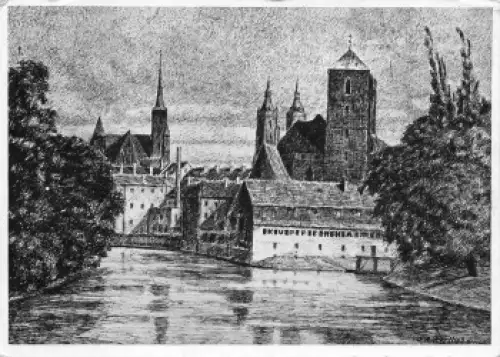 Breslau Sand und Dominsel Schlesien Künstlerkarte Hartlieb Wrocław o 1926