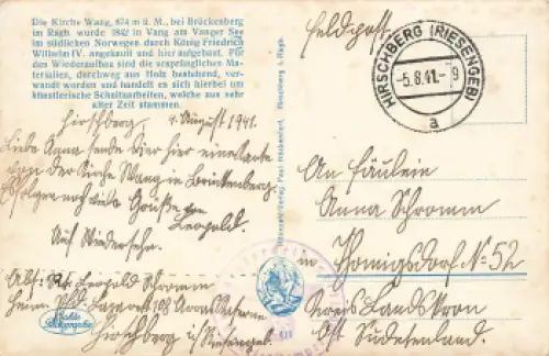 Brückenberg Riesengebirge Kirche Wang Schlesien Bierutowice Feldpost Heimatpferdelazarett Hirschberg 1941