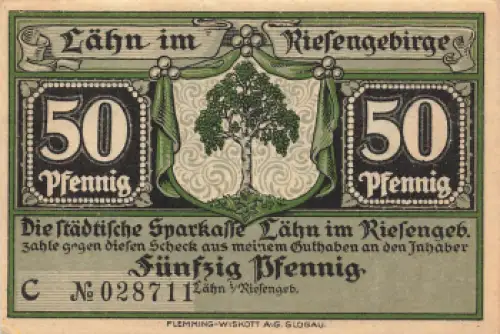 Lähn im Riesengebirge Schlesien Notgeldschein Wleń um 1920