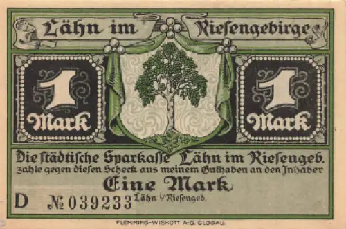 Lähn im Riesengebirge Schlesien Notgeldschein Wleń um 1920