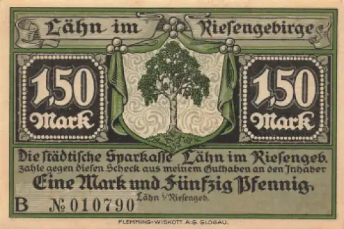 Lähn im Riesengebirge Schlesien Notgeldschein Wleń um 1920