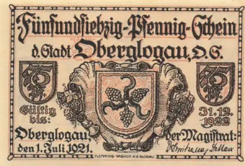 Oberglogau Oberschlesien Notgeldschein Głogówek 1921