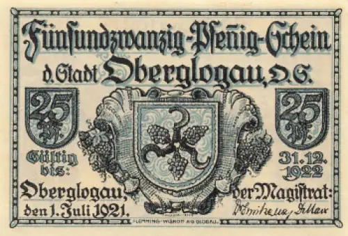 Oberglogau Oberschlesien Notgeldschein Głogówek 1921