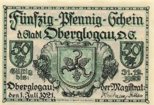 Oberglogau Oberschlesien Notgeldschein Głogówek 1921
