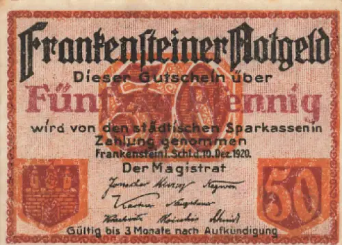 Frankenstein Schlesien Notgeldschein Ząbkowice Śląskie 1920