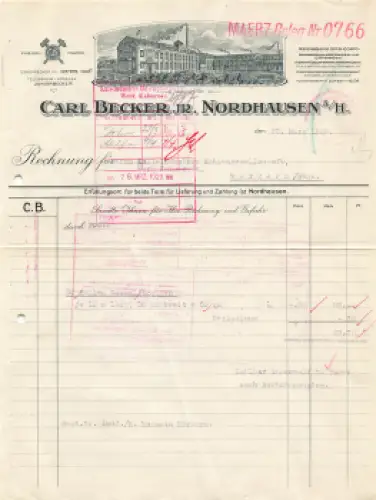 Nordhausen Briefkopf mit Firmenansicht Carl Becker JR.  1929