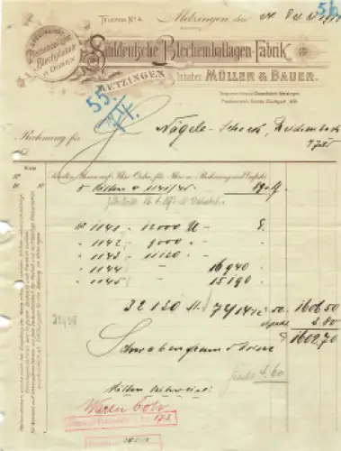 72585 Metzingen Süddeutsche Blechemballagen Fabrik Müller & Bauer Briefkopf 1918