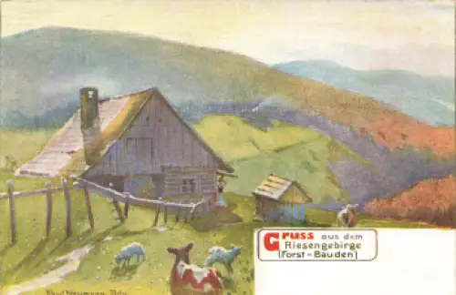 Forst Bauden Riesengebirge Künstlerkarte Paul Neumann Budniki * um 1900