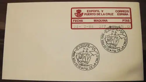 SPANIEN EXPOFIL V Puerto de la Cruz 1986 Schalterfreistempel-Klebezettel Sonderklebezettel zur Ausstellung