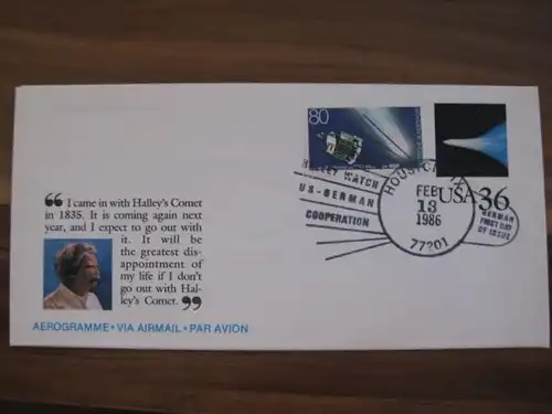 USA Ganzsache Aerogramme Halley`s Comet mit Deutscher Briefmarke Halleyscher Komet, Ersttag, FDC