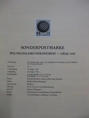 Österreich Amtlicher Schwarzdruck SD der Post Weltschachbundkongress Graz 1985