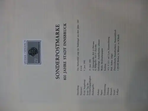 Österreich Amtlicher Schwarzdruck SD der Post 800 Jahre Stadt Innsbruck
