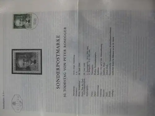 Amtliches Ersttagsblatt ETB der POST Österreich Peter Rosegger
