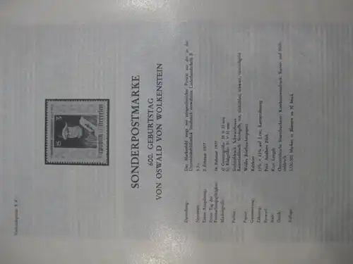 Amtliches Ankündigungsblatt / Erläuterungsblatt der POST: Oswald von Wolkenstein