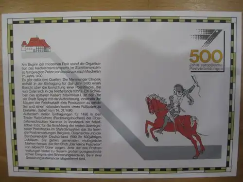 Gedenkblatt der Post von Österreich, 500 Jahre Europäische Postverbindungen