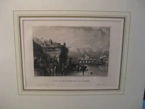 Lithografie aus der Kunstanstalt des Bibliografischen Institutes Hildburghausen: Irun Brücke über dieBidassoa