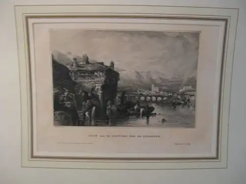 Lithografie aus der Kunstanstalt des Bibliografischen Institutes Hildburghausen: Irun Brücke über dieBidassoa