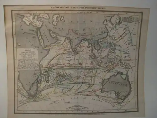 Lithografie aus der Kunstanstalt des Bibliografischen Institutes Hildburghausen:  Physikalische Karte vom Indischen Ozean
