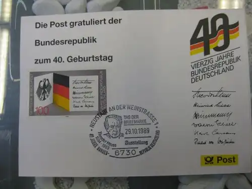 Maximumkarte /Gedenkblatt / Erinnerungsblatt / Stempelblatt / Ausstellungsblatt / Sonderblatt der Deutsche Post AG: 40 Jahre Bundesrepublik Deutschland, Neustadt an der Weinstraße