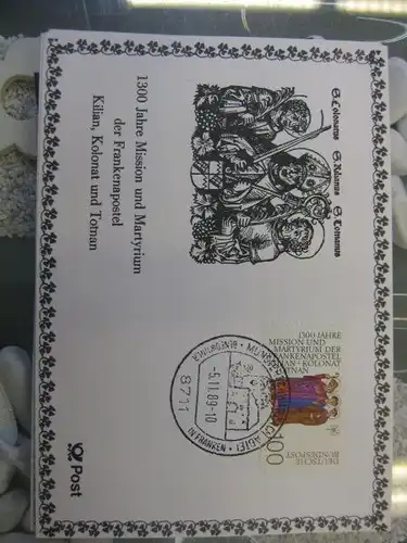 Stempelkarte, Erinnerungskarte, Ausstellungskarte, Maximumkarte der Post: Frankenapostel  Kilian, Kolonat, Totnan 1989