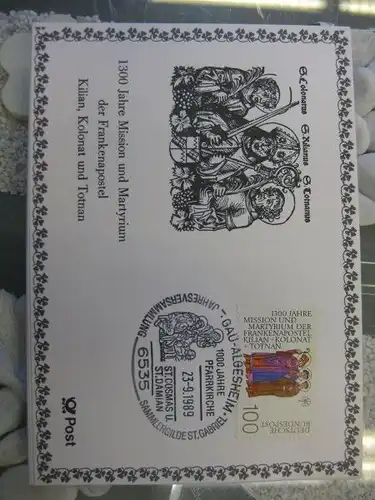 Stempelkarte, Erinnerungskarte, Ausstellungskarte, Maximumkarte der Post: Frankenapostel  Kilian, Kolonat, Totnan 1989