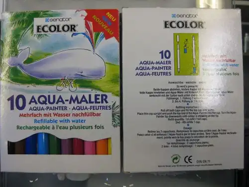 Aqua-Maler, Fasermaler,
1 x 10 mit Wasser nachfüllbare Fasermaler und
1 x  6  mit Wasser nachfüllbare Fasermaler