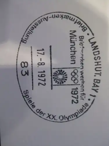 Stempelkarte mit Sonderstempel Landshut; Spiele der XX.  Olympiade 1972