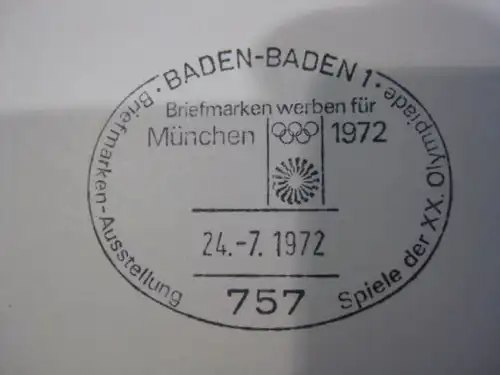 Stempelkarte mit Sonderstempel Baden-Baden; Spiele der XX.  Olympiade 1972