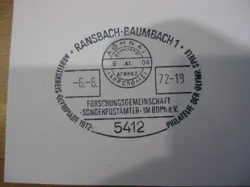 Stempelkarte mit Sonderstempel: Ransbach-Baumbach; Spiele der XX.  Olympiade 1972