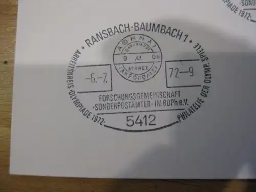 Stempelkarte mit Sonderstempel: Ransbach-Baumbach; Spiele der XX.  Olympiade 1972