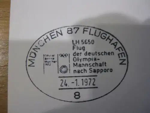 Stempelkarte mit Sonderstempel: München Flughafen, LH 5650, Abflug der deutschen Mannschaft nach Sapporo