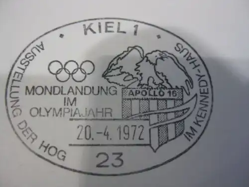 Stempelkarte mit Sonderstempel: Kiel, Ersttagsstempel Mondlandung im Olympiajahr APOLLO 16 Olympiamarken
