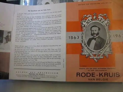Belgien, Ankündigungsblatt mit Schwarzdruck und Briefmarken mit Ersttags- oder Sonderstempel:
Internationales Rotes Kreuz, Rotes Kreuz