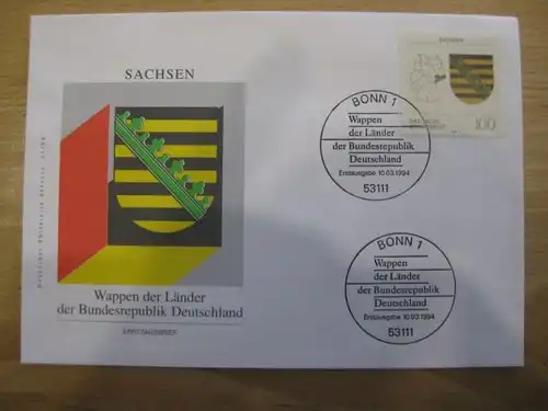 Ersttagsbrief Künstler- Ersttagsbrief FDC der Deutsche Postphilatelie: Wappen der Länder: Sachsen