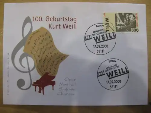 Ersttagsbrief Künstler- Ersttagsbrief FDC der Deutsche Postphilatelie: Kurt Weill