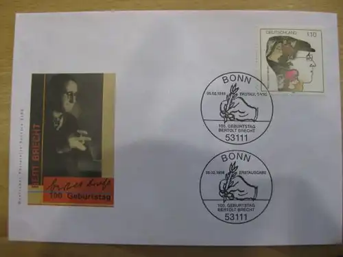 Ersttagsbrief Künstler- Ersttagsbrief FDC der Deutsche Postphilatelie: Bert Brecht