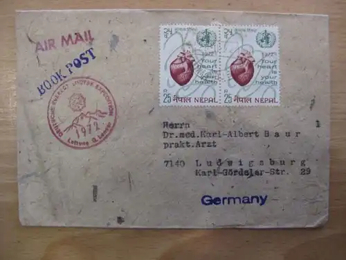 Deutsche Everest -Lhotse - Expedition 1972,
Leitung G. Lenser
Luftpostbrief von Kathmandu nach Deutschland