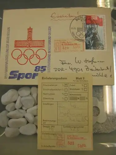 DDR Einschreibemarke für SbPÄ:
 Berlin 90. IOC Session 1985 auf Brief
