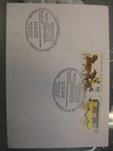 Sonderstempel Tag der Briefmarke Leer/Ostfriesland 1985 Motiv Eisenbahnwagen, Frankatur MOPHILA 1985 Hamburg Zusammendruck