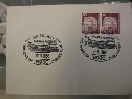 Sonderstempel 140 Jahre Bahnhof Augsburg, Augsburg 1986 Motiv Eisenbahn