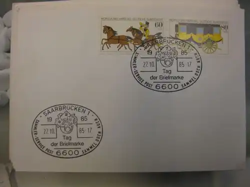 Sonderstempel Tag der Briefmarke auf MOPHILA-Hamburg 1985 Zusammendruck, Michel-Nummer 1255-56, Saarbrücken 1985