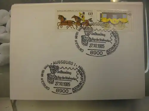 Sonderstempel Tag der Briefmarke auf MOPHILA-Hamburg 1985 Zusammendruck, Michel-Nummer 1255-56, Augsburg 1985