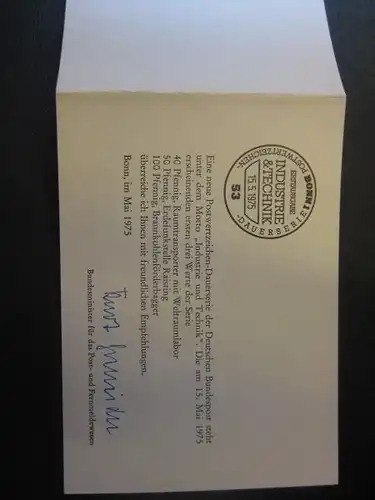 Ministerkarte, Klappkarte klein, Typ V,
 DS Industrie & Technik 40, 50, 100 Pf.  mit Unterschrift Minister Kurt Gscheidle
