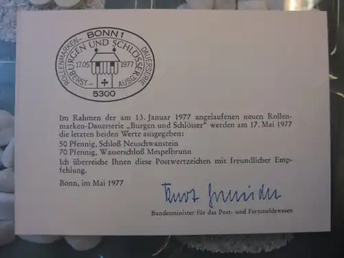 Ministerkarte, Klappkarte klein, Typ V,
  DS Burgen und Schlösser, 50 , 70 Pf. mit Unterschrift Minister Kurt Gscheidle