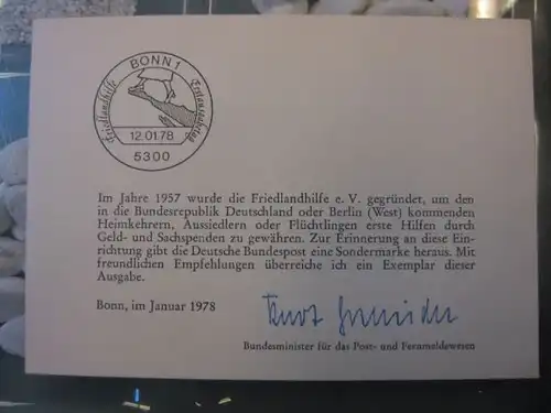 Ministerkarte, Klappkarte klein, Typ V,
  zur Ausgabe Friedlandhilfe, 1978 mit Unterschrift Minister Kurt Gscheidle
