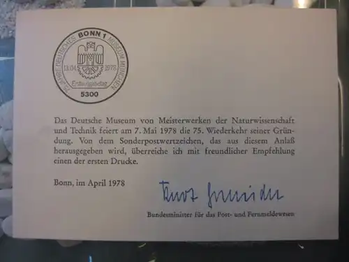 Ministerkarte, Klappkarte klein, Typ V,
  zur Ausgabe Deutsches Museum, 1978 mit Unterschrift Minister Kurt Gscheidle