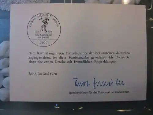 Ministerkarte, Klappkarte klein, Typ V,
  zur Ausgabe Rattenfänger von Hameln, 1978 mit Unterschrift Minister Kurt Gscheidle